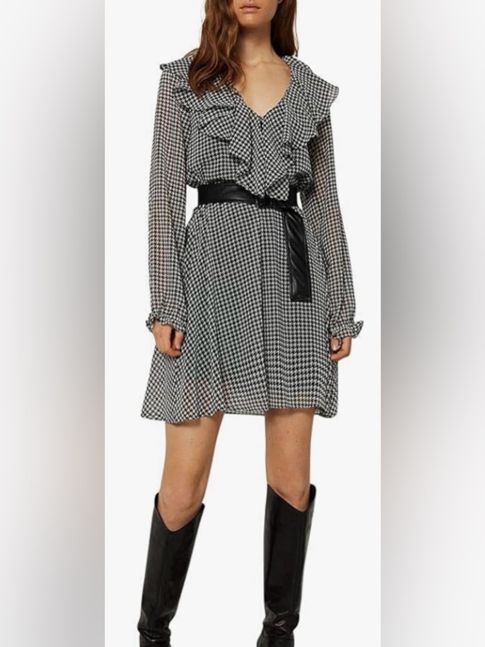 Marella Black Houndstooth Long Sleeve Ruffle V Neck Sku#166